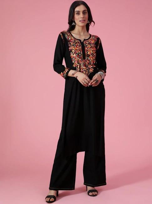 house of chikankari black embroidered straight kurta