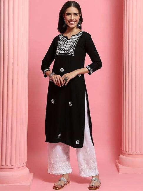 house of chikankari black embroidered straight kurta