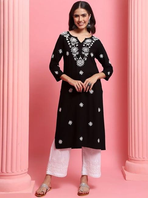 house of chikankari black embroidered straight kurta