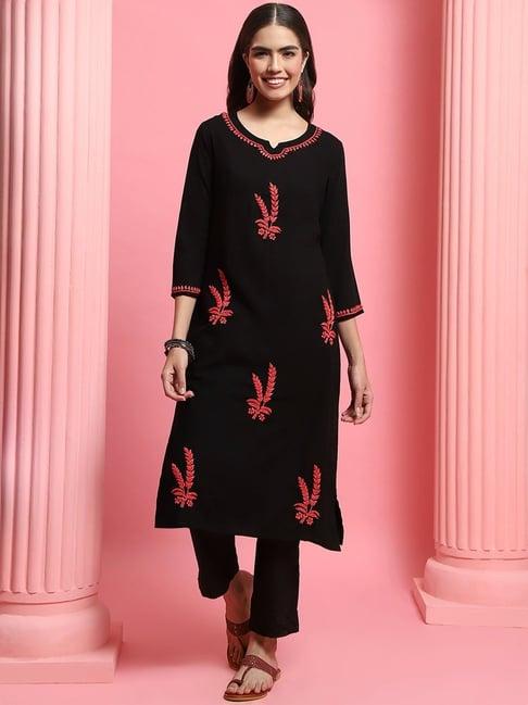 house of chikankari black embroidered straight kurta