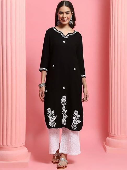 house of chikankari black embroidered straight kurta