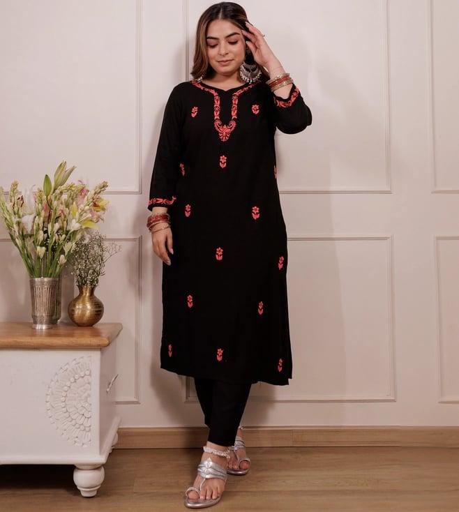 house of chikankari black embroidered straight kurta