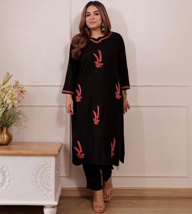 house of chikankari black embroidered straight kurta