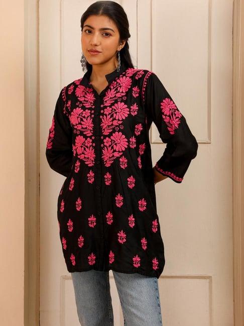 house of chikankari black embroidered straight short kurti