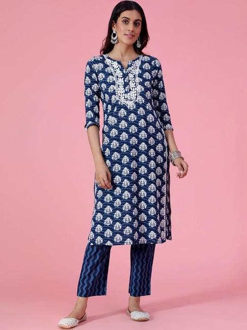 house of chikankari blue cotton embroidered kurta pant set