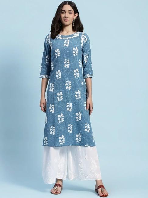 house of chikankari blue cotton embroidered straight kurta