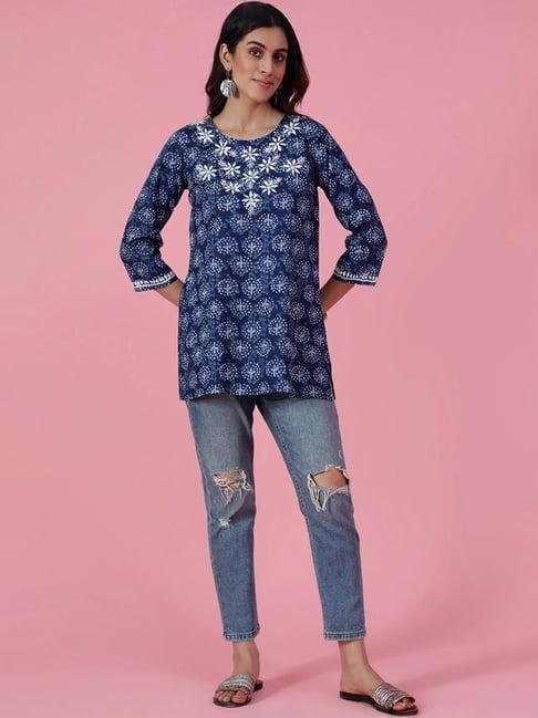 house of chikankari blue cotton embroidered straight short kurti