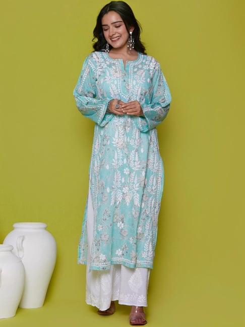 house of chikankari blue embroidered straight kurta