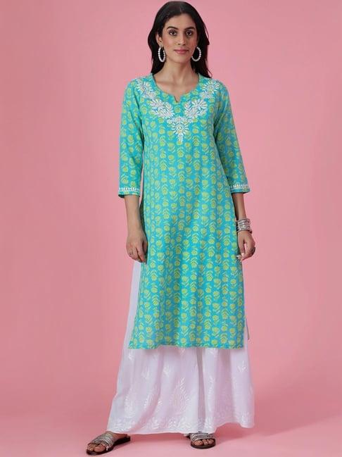 house of chikankari blue embroidered straight kurta