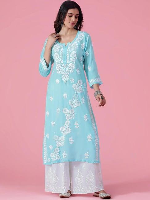 house of chikankari blue embroidered straight kurta