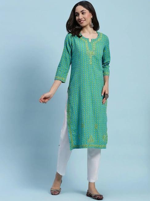 house of chikankari blue embroidered straight kurta