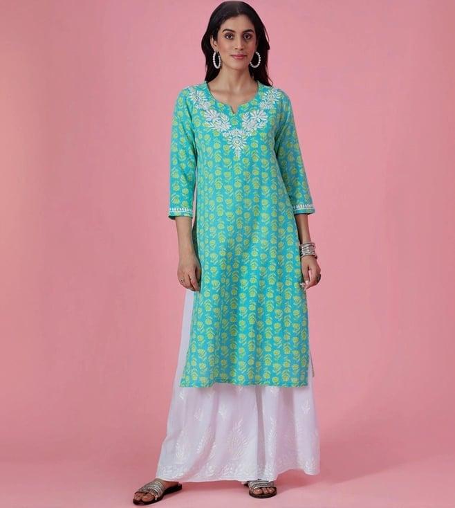 house of chikankari blue embroidered straight kurta