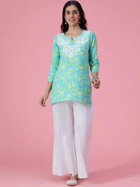 house of chikankari blue embroidered straight short kurti