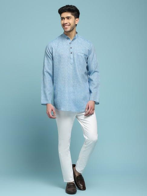 house of chikankari blue poly cotton poly cotton solid men's short kurta - blue