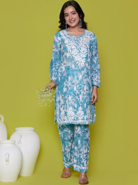 house of chikankari blue printed kurti palazzo set