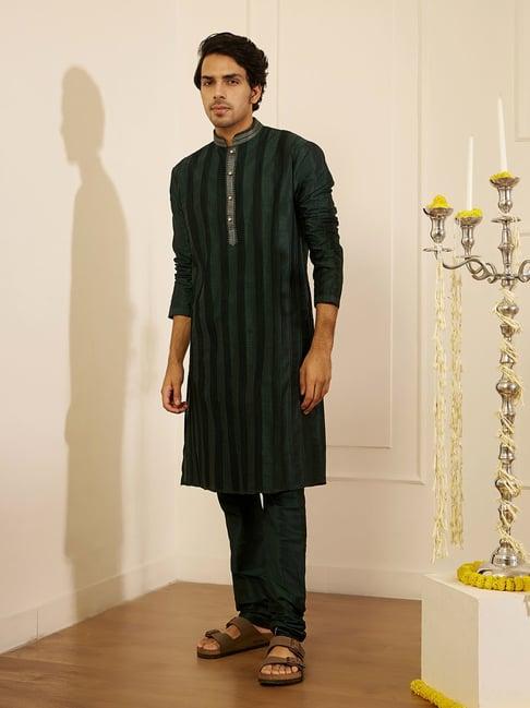 house of chikankari bottle green silk amir silk straight men's kurta set