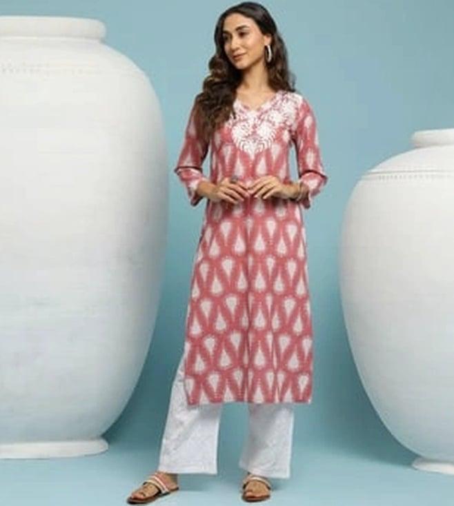 house of chikankari cotton printed women's long kurta - dark pink