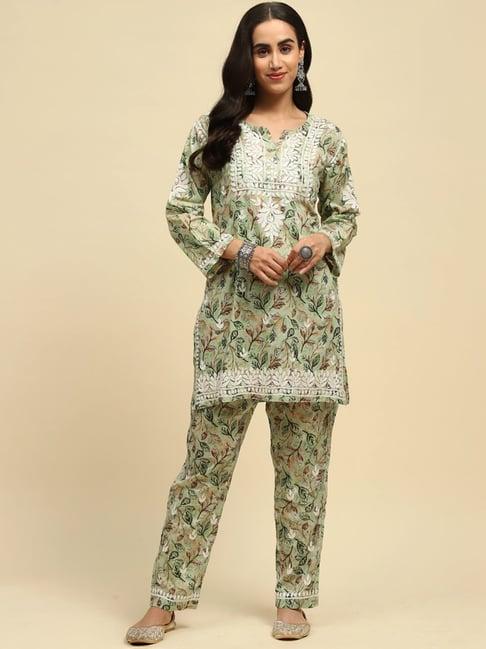 house of chikankari green cotton embroidered kurti pant set