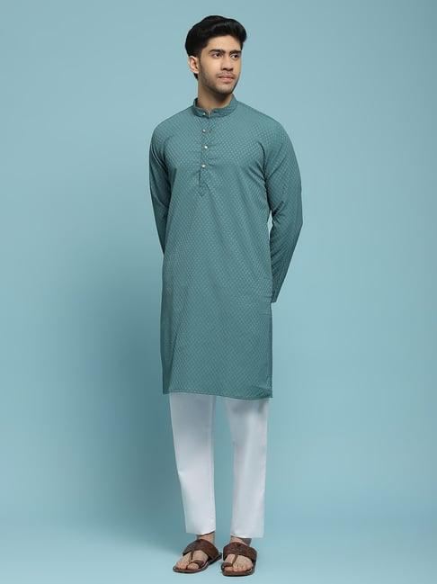 house of chikankari green dobby dobby textured solid men's long kurta - green