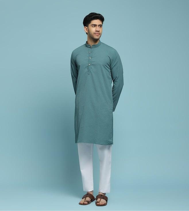 house of chikankari green dobby dobby textured solid men's long kurta - green