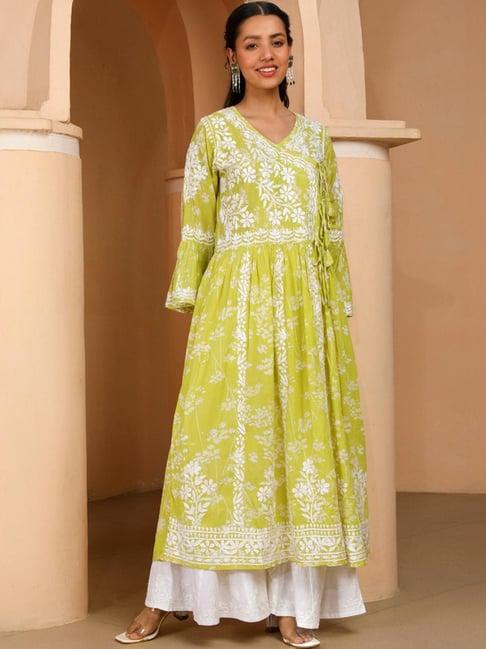 house of chikankari green embroidered angrakha kurta