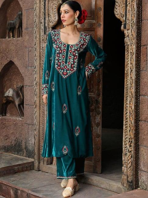 house of chikankari green embroidered kurta palazzo set