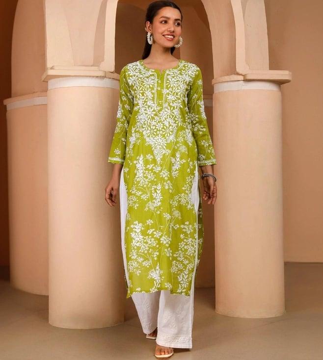 house of chikankari green embroidered straight kurta