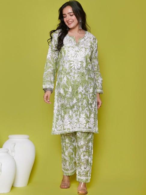 house of chikankari green printed kurti palazzo set