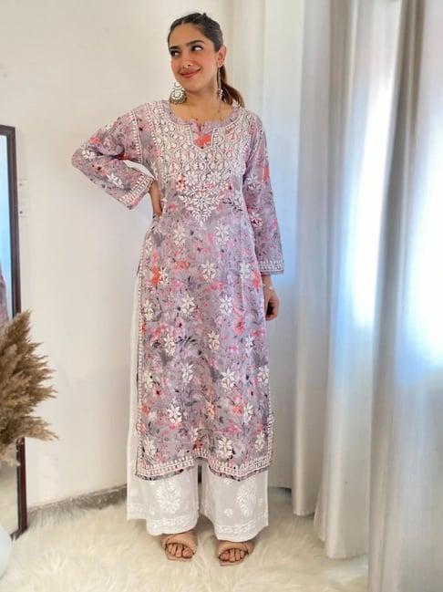 house of chikankari grey & pink embroidered straight kurta