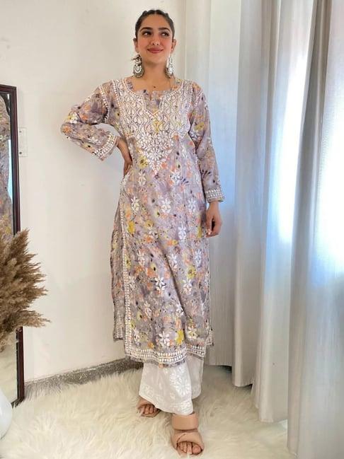 house of chikankari grey & yellow embroidered straight kurta