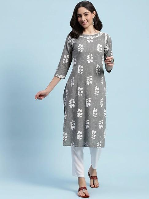 house of chikankari grey cotton embroidered straight kurta