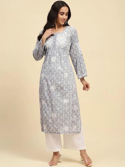 house of chikankari grey cotton embroidered straight kurta