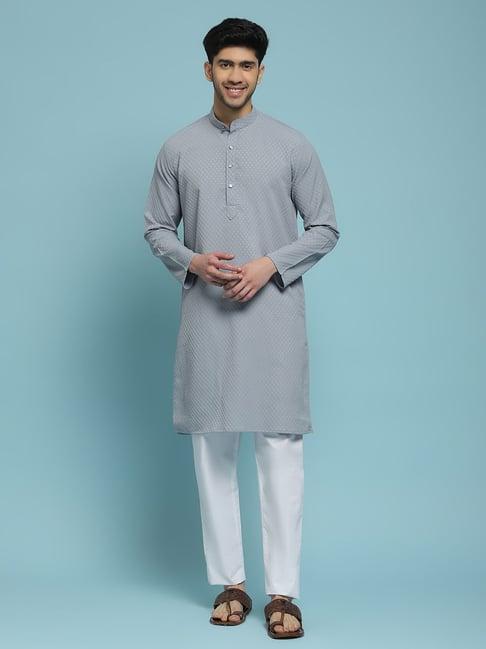 house of chikankari grey dobby dobby textured solid men's long kurta - grey