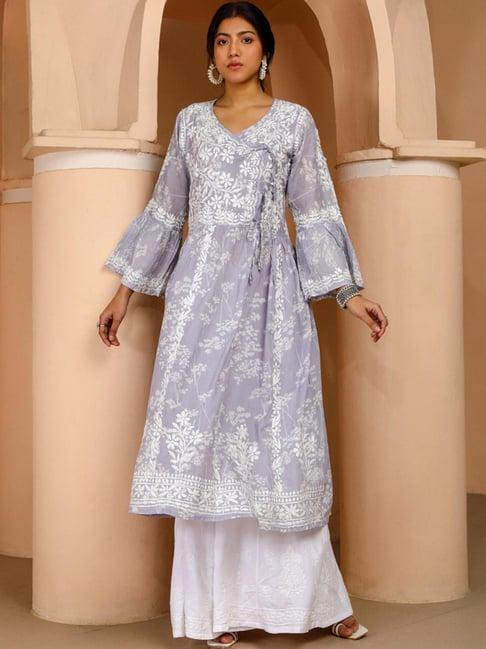 house of chikankari grey embroidered angrakha kurta