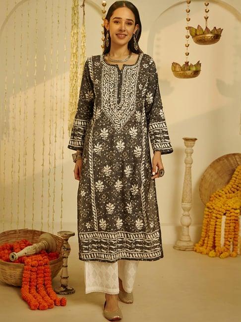 house of chikankari grey embroidered straight kurta