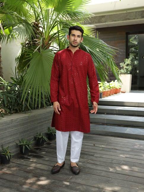 house of chikankari maroon cotton rayan chikankari cotton straight men's kurta with sequin