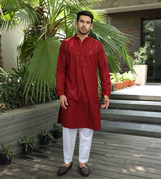 house of chikankari maroon cotton rayan chikankari cotton straight men's kurta with sequin