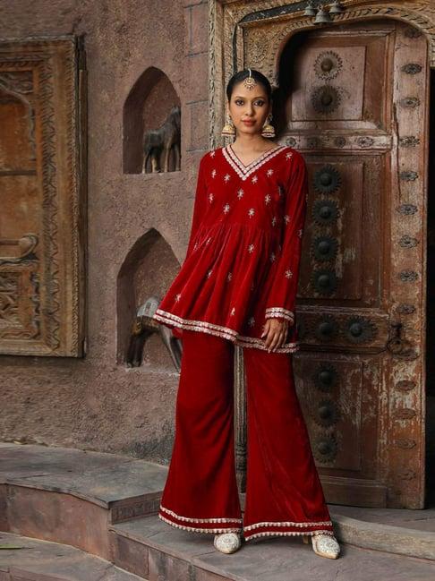 house of chikankari maroon embroidered kurta bottom set