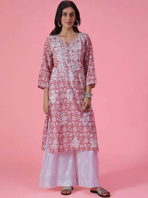 house of chikankari maroon embroidered straight kurta