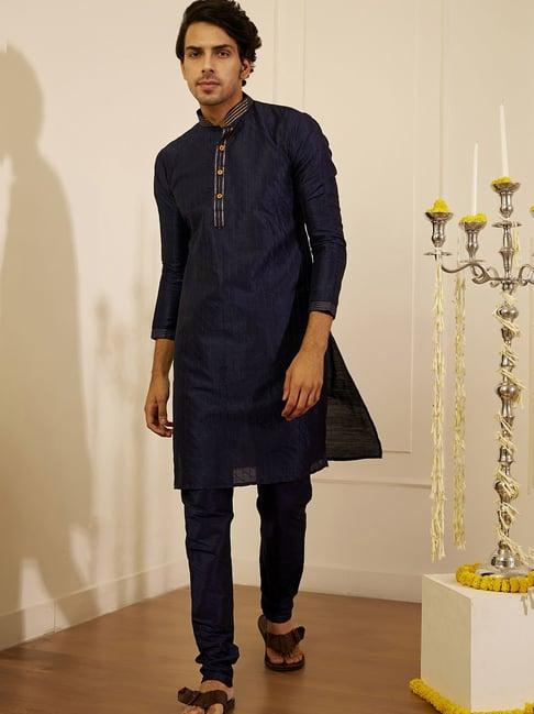 house of chikankari navy blue silk rashid silk straight men's kurta set