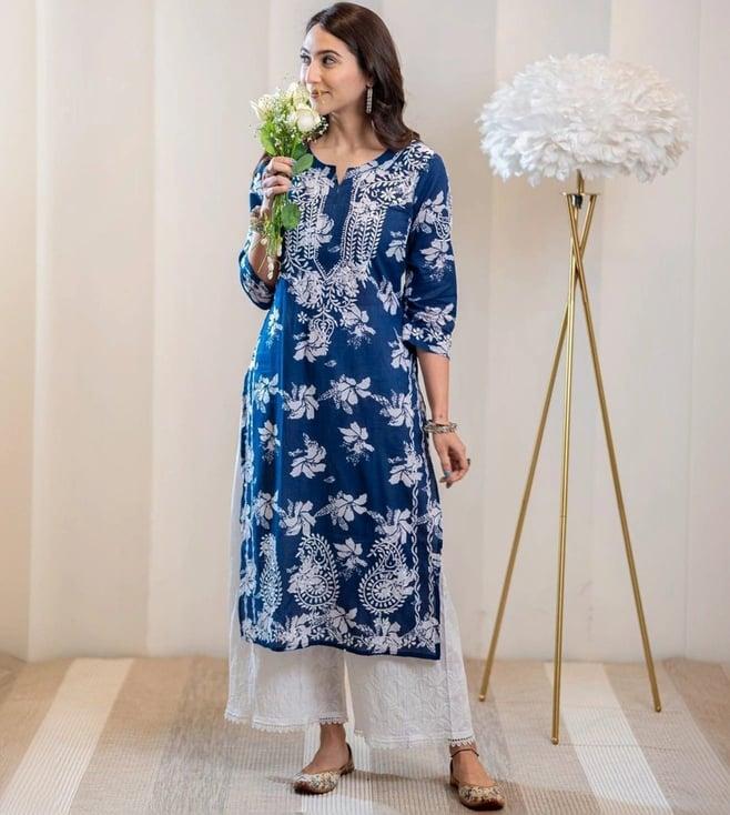 house of chikankari navy embroidered straight kurta