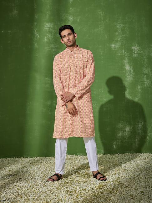 house of chikankari orange & peach cotton razik cotton straight men's kurta