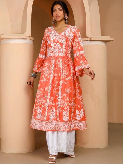 house of chikankari orange embroidered angrakha kurta