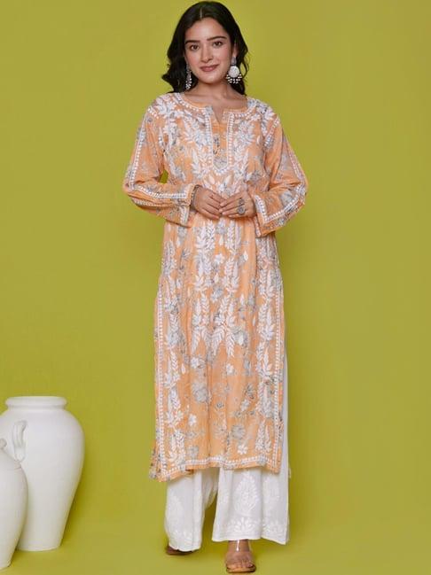 house of chikankari orange embroidered straight kurta