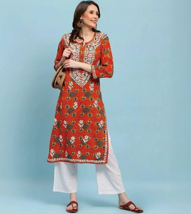 house of chikankari orange printed kurta