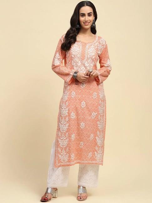 house of chikankari peach cotton embroidered straight kurta