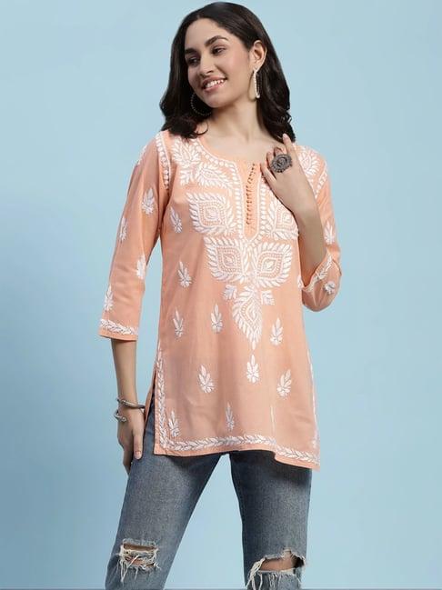 house of chikankari peach cotton embroidered straight short kurti