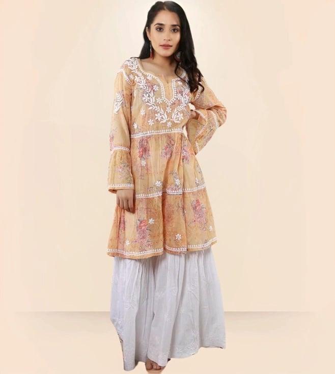 house of chikankari peach embroidered a line kurti