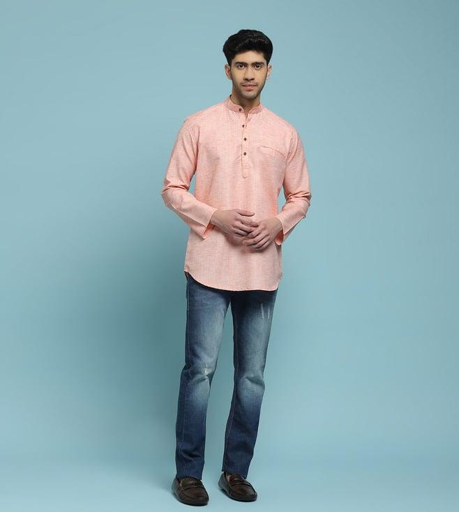 house of chikankari peach poly cotton poly cotton solid men's short kurta - peach