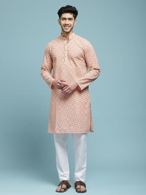 house of chikankari pink cotton cotton schiffli solid men's long kurta